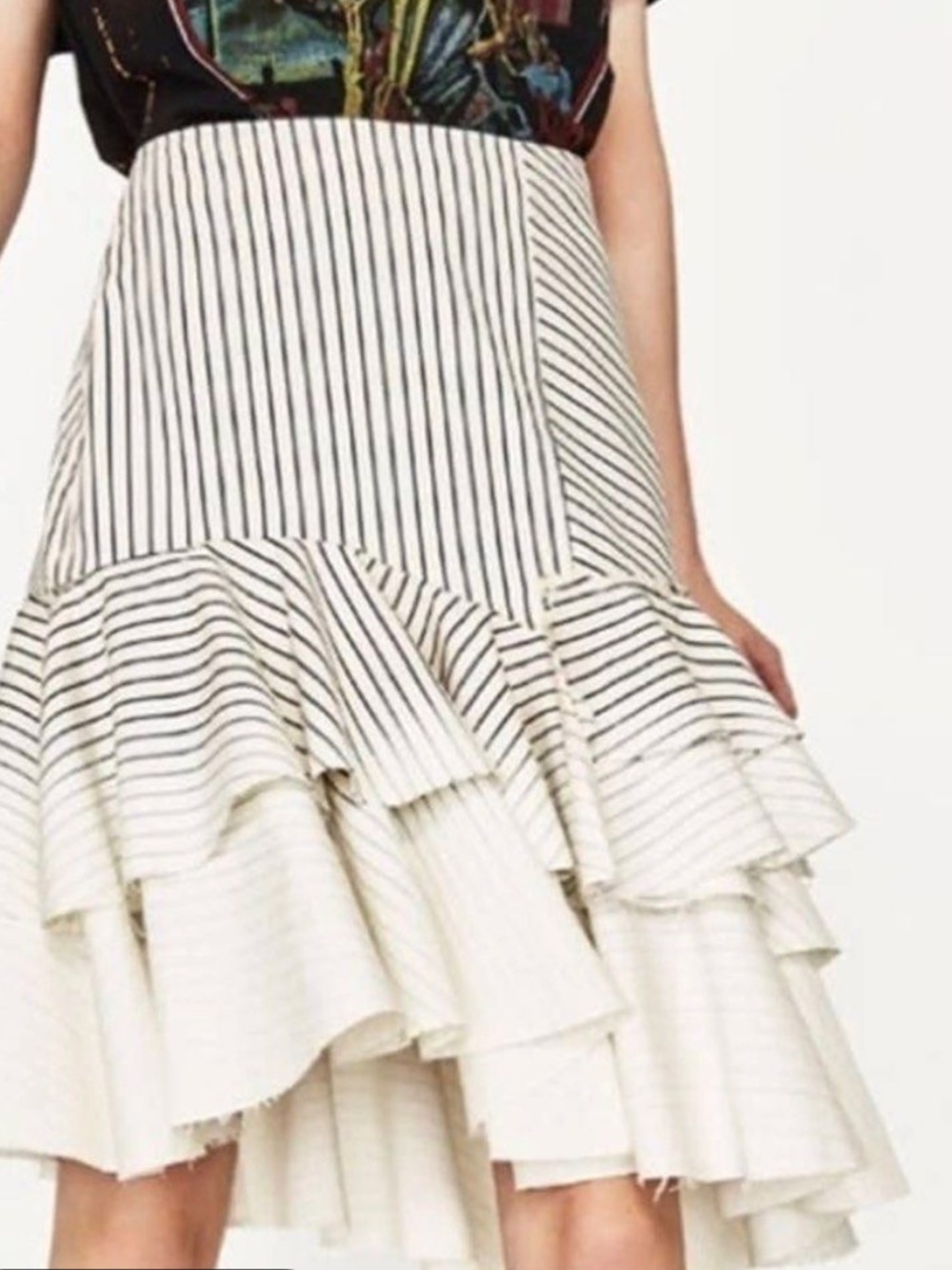 Zara Cream Striped Asymmetric Frilled Skirt